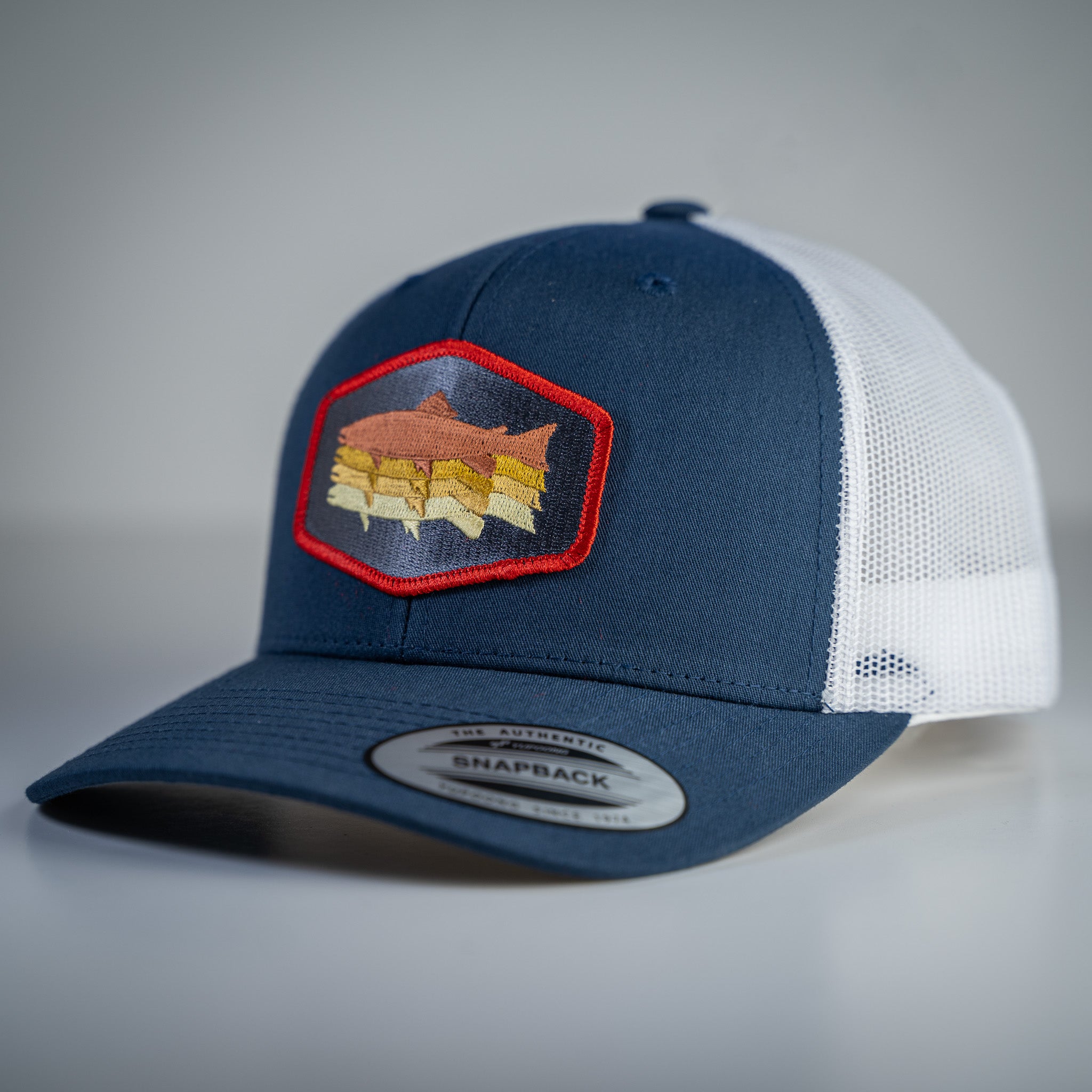 Trout Stack' Trucker - Khaki & 'Bow | Fishing Caps & Hats | Anglers Only Blue & Brownie