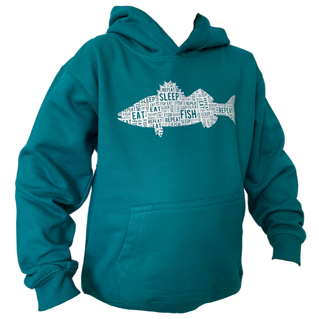 Kids 'Eat Sleep Fish Repeat' Hoodie, Kids Fishing Clothing